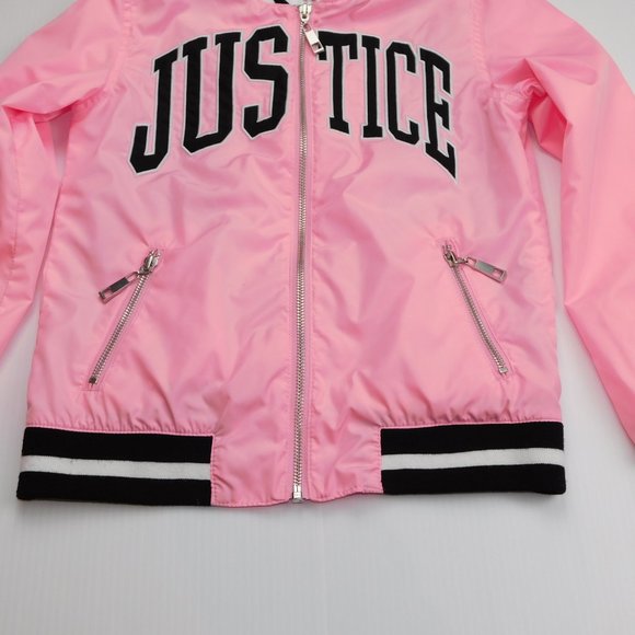 Justice Youth Girls 10 Spellout Justice Pink Black Bomber Jacket - Picture 4 of 9